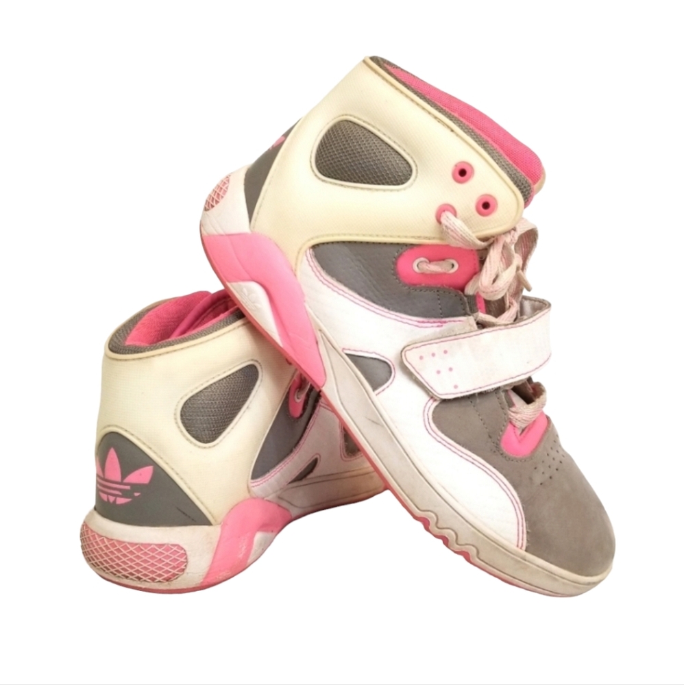Adidas Women Size 8.5 Pink White Gray Velcro Hightop Roundhouse Sneakers